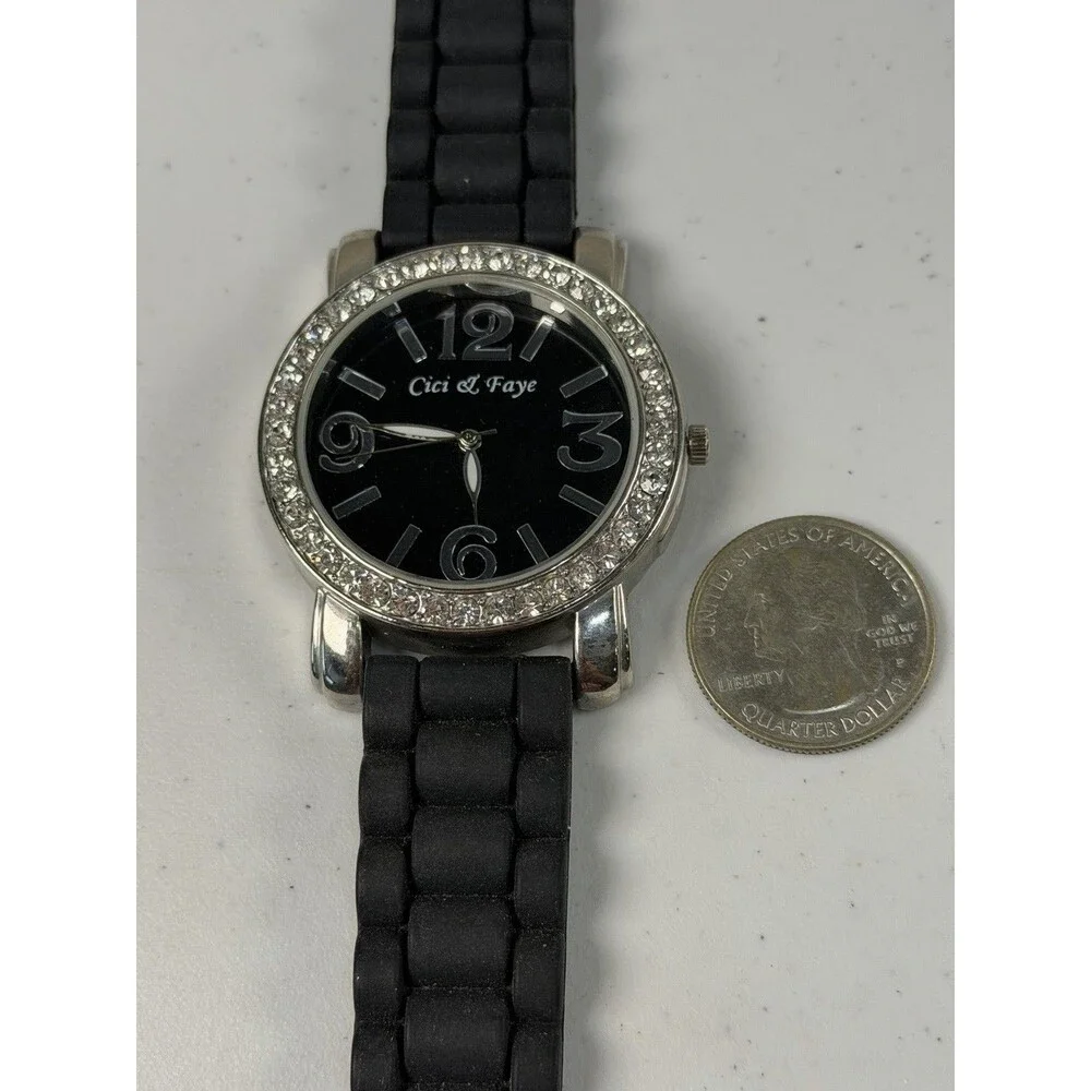 Cici & Faye Black Silicone Strap Crystal Bezel Watch 42mm